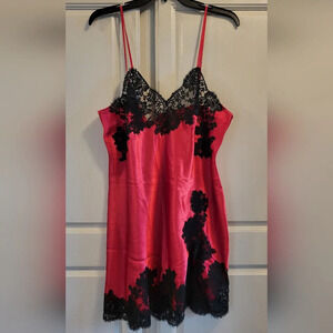 Vintage Marjolaine Red Satin Slip Dress Black Lace Trim | French Lingerie Glam